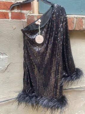 Black Sequin One-Shoulder Dress with Feather Trim